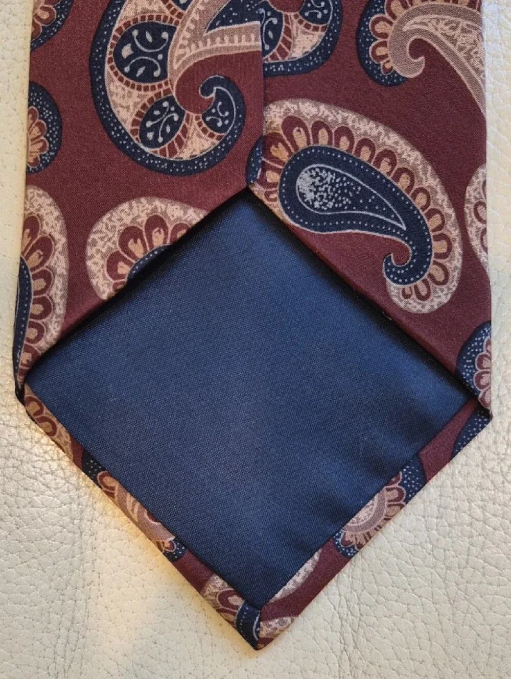 Vintage Burberrys Of London Burgundy Paisley Silk Tie with Navy and Cream Accent